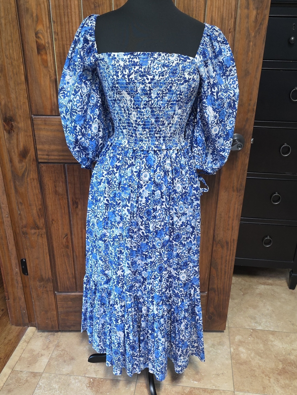Cara Cara Blue Floral Smocked Midi Dress - Size XS